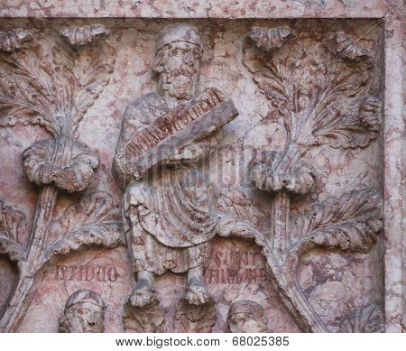 PARMA, ITALY - MAY 01, 2014: Detail of marble carvings on the baptistery from Benedetto Antelami. Baptistery in Parma is considered to be among the most important Medieval monuments in Europe.