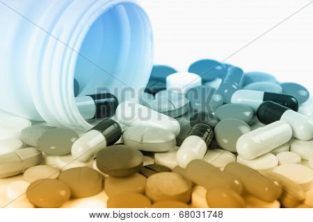 medical pills on white background.