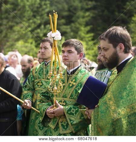 KRASNY BRONEVIK, RUSSIA - JULY 7, 2014: Celebrations commemorating the Rev. Anthony Dymsky (died 1224) in Antony Dymsky Monastery - Procession on Lake Dymsky, the great blessing of water and bathing.