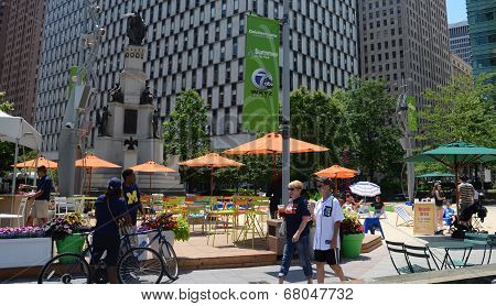 People Enjoying Campus Martius Park In Detroit, Mi
