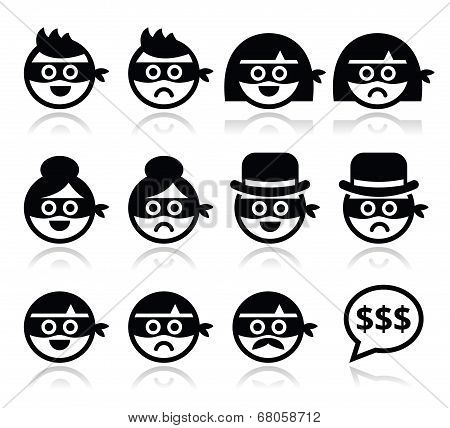 Thief man and woman faces in masks icons set