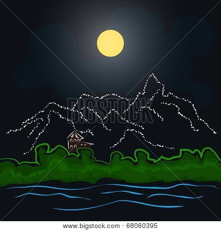 house by the river and mountains
