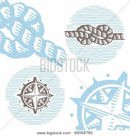 Vintage marine symbols vector icon set: engraving knot and wind rose