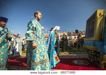 TIKHVIN, RUSSIA - JULY 9, 2014: Bishop and Tikhvin Lodeinopolskiy Mstislav celebrate Orthodox divine Liturgy on the occasion celebrations of the return of the Tikhvin icon of the Mother of God.