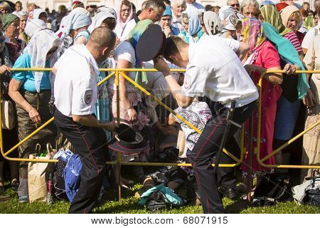 TIKHVIN, RUSSIA - JULY 9, 2014: Celebrations on the occasion of the 10th anniversary of the return of the Tikhvin icon of the Mother of God, Procession and divine Liturgy in Uspensky monastery.