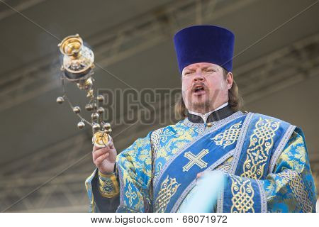 TIKHVIN, RUSSIA - JULY 9, 2014: Celebrations on the occasion of the 10th anniversary of the return of the Tikhvin icon of the Mother of God, Procession and divine Liturgy in Uspensky monastery.