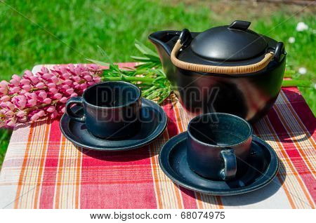 Close Up Black Clay Tea Set And Lupine Aoutdoor