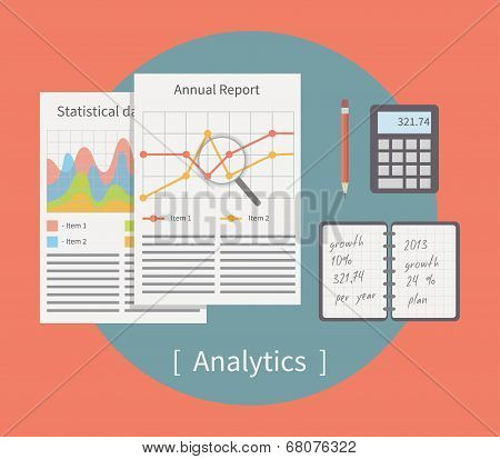 Analytic vector illustration. Business template with charts and graphs. Flat vector.