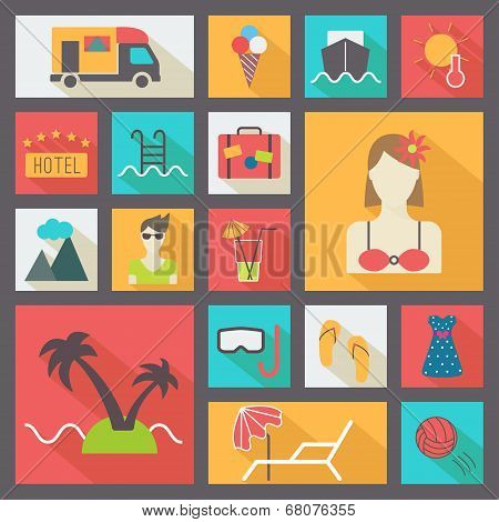 Summer and vacation icons set, flat design vector.