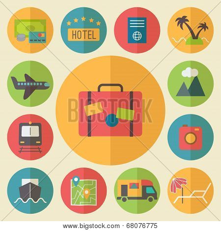 Travel, tourism and vacation icons set, flat design vector.
