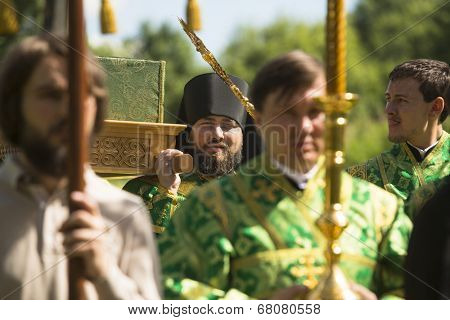 KRASNY BRONEVIK, RUSSIA - JULY 7, 2014: Celebrations commemorating the Rev. Anthony Dymsky (died 1224) in Antony Dymsky Monastery - Procession on Lake Dymsky, the great blessing of water and bathing.