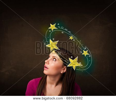 Young girl with yellow stars circleing around her head illustration