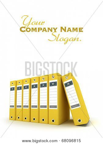 Row of yellow ring binders with blanck lables against a white background