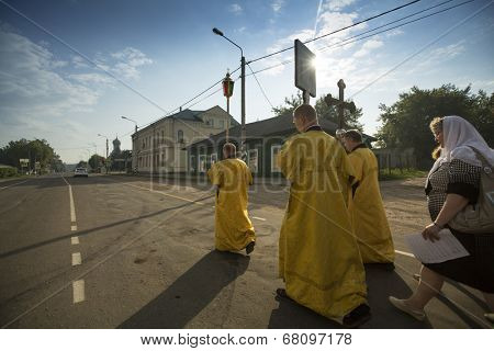 TIKHVIN, RUSSIA - JULY 9, 2014: Unidentified participants Orthodox Religious Procession on the occasion celebrations of the 10th anniversary of the return of the Tikhvin icon of the Mother of God.