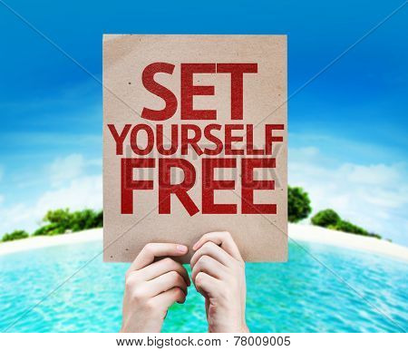 Set Yourself Free card with a beach on background