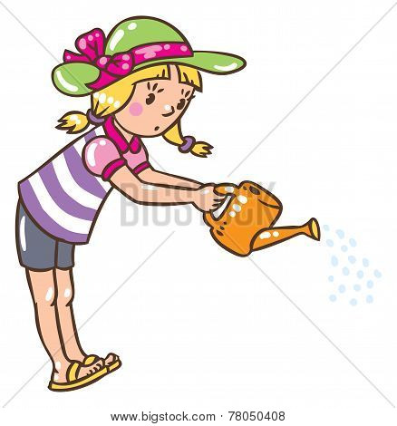 Girl Watering The Flowers