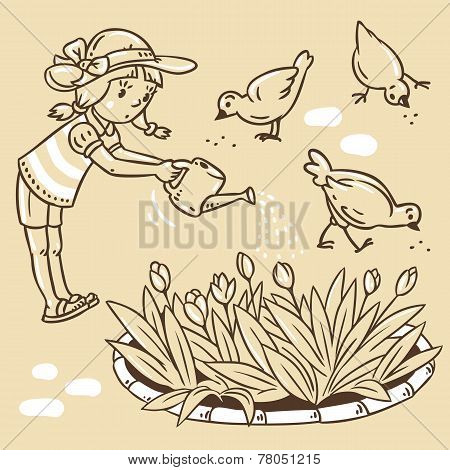 Girl Watering The Flowers