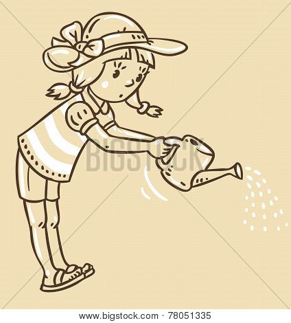 Girl Watering The Flowers