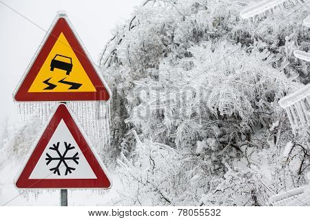 Dangerous And Icy Road With Sleet Covered Trees
