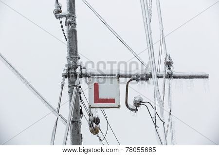 Frozen Electrical Lines For Railroad With Icicles