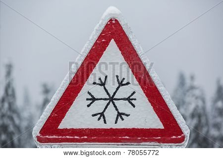 Traffic Sign For Icy Road Covered With Ice