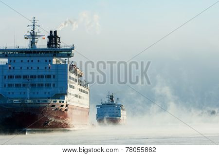 Icebreaking Ferries Arriving At Helsinki Port