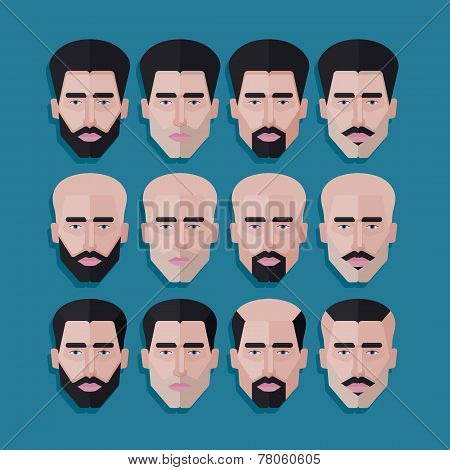 vector set of male faces in flat polygonal style. men hair style icons