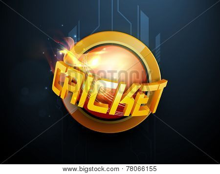 3D Cricket text with ball in flame on hi tech blue background.