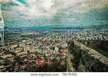 Old Photo With Aerial View Of City Deva, Romania