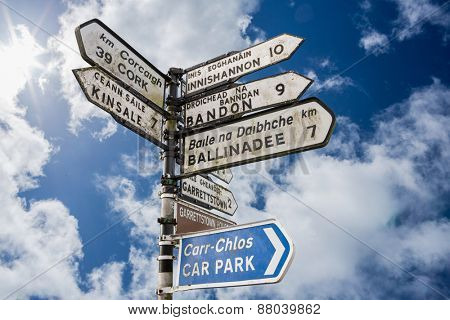 Signpost for places in cork Ireland against cloudy blue sky