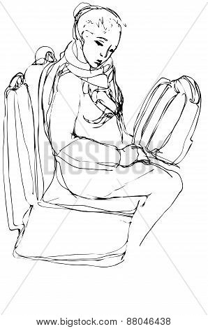Sketch Of A Woman With A Bag Sitting On The Buss