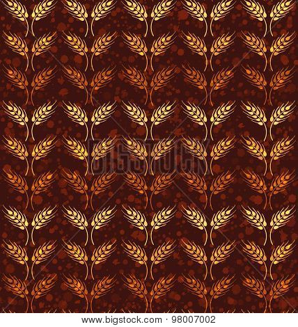 Seamless vintage pattern with rows of yellow and orange wheat. Brown agricultural backdrop about harvest and grain against background with paint splashes
