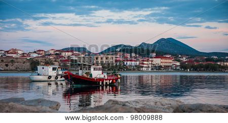 Fishing Boats In The Bay Near Methoni, Peloponnese, Greece