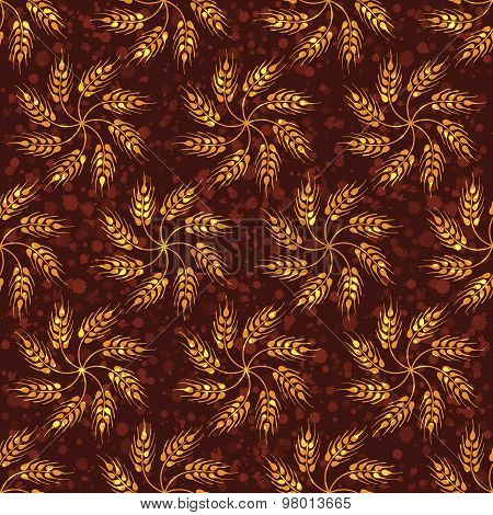 Seamless vintage pattern with wheat and paint splashes. Brown agricultural background about harvest and grain.