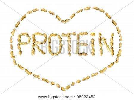 Word Protein made of peanuts letters framed in a heart