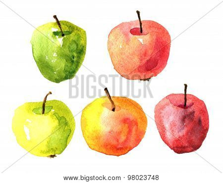 Set of  watercolor drawing apples