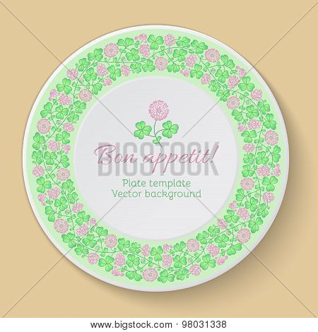 White Vector Plate With Floral Ornament. Plate Template With Clover.