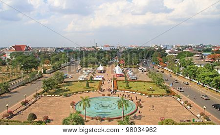 Patuxay park in Vientiane, view from the top of Victory Gate