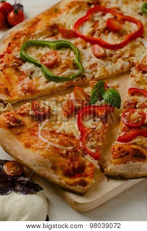 Delicious, Freshly Baked, Homemade Italian Pizza With Peppers, Onions And Tomatos