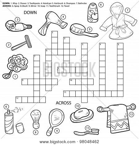 Vector Colorless Crossword, Education Game For Children About Bathroom And Beauty Items