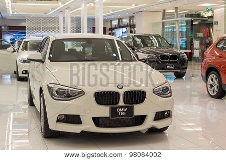 BMW 116i car on display at the Siam Paragon Mall in Bangkok.