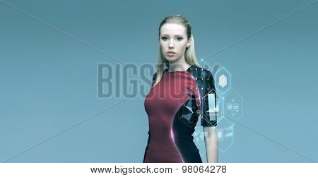 people, future technology and science concept - beautiful futuristic woman with virtual projection over gray background