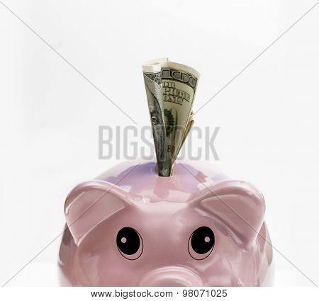 Saving piggy bank with cute expressive eyes looking up at $100 being deposited