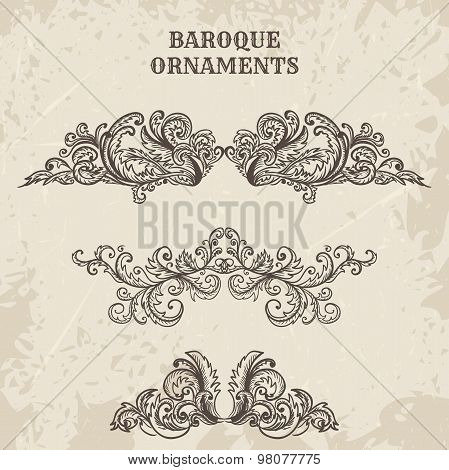 Antique and baroque cartouche ornaments vector set. Vintage architectural details design elements on