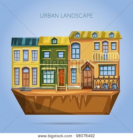 City houses facades. Flat design urban landscape vector illustration