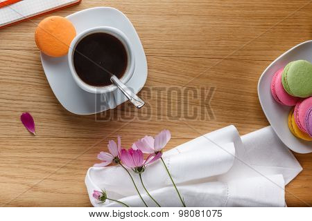 Breakfast With Coffee, Colorful Macaron And Open Diary