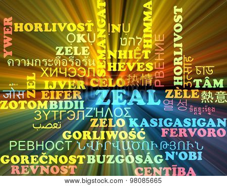 Background concept wordcloud multilanguage international many language illustration of zeal glowing light