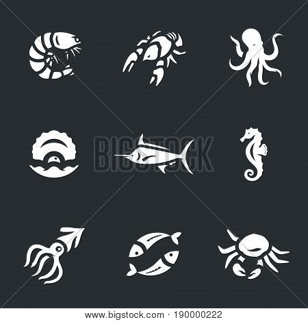 Shrimp, cancer, octopus, shell, marlin, sea horse, squid, fish, crab.