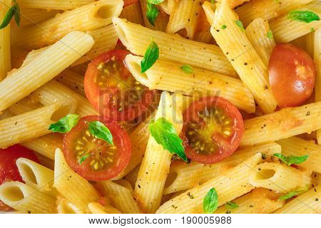 A closeup photo of a penne rigate dish, shot from above. A texture of pasta, basil leaves, and cherry tomatoes