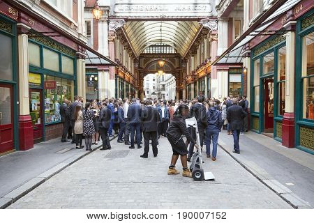 London United Kingdom 7 may 2017: large crowd of people for lunch at leadenhall market near city of london